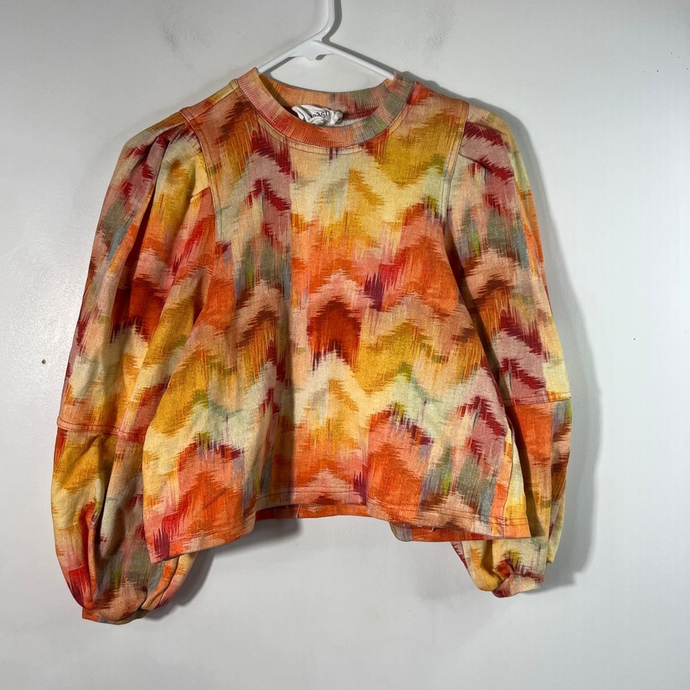 ba&sh Orange Multi Ikat Print Cropped Puff Sleeve Sweatshirt Size 0 XS Womens
